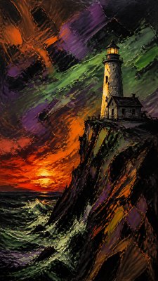 a lone lighthouse on a cliff at dusk under a dramatic sky, no text or lettering