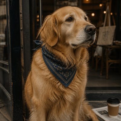 portrait of a golden retriever wearing a blue bandana, warm plain backdrop, no text