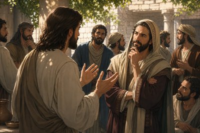 “And one of the scribes came up and heard them disputing with one another, and seeing that he answered them well, asked him, “Which commandment is the most important of all?” Jesus answered, “The most important is, ‘Hear, O Israel: The Lord our God, the Lord is one. And you shall love the Lord your God with all your heart and with all your soul and with all your mind and with all your strength.’ The second is this: ‘You shall love your neighbor as yourself.’ There is no other commandment greater than these.” And the scribe said to him, “You are right, Teacher. You have truly said that he is one, and there is no other besides him. And to love him with all the heart and with all the understanding and with all the strength, and to love one’s neighbor as oneself, is much more than all whole burnt offerings and sacrifices.” And when Jesus saw that he answered wisely, he said to him, “You are not far from the kingdom of God.”  Jesus stands among His disciples in a shady patio area outdoors talking to this scribe.  His disciples wonder at the exchange.  Several of them are also engaged in conversations set around the one Jesus is having.  We see Jesus from the left rear quarter, where we can see only the back of His head and the side of his face.  His hands are expressing His point.  The scribe to whom He speaks has a poignant, thoughtful expression.