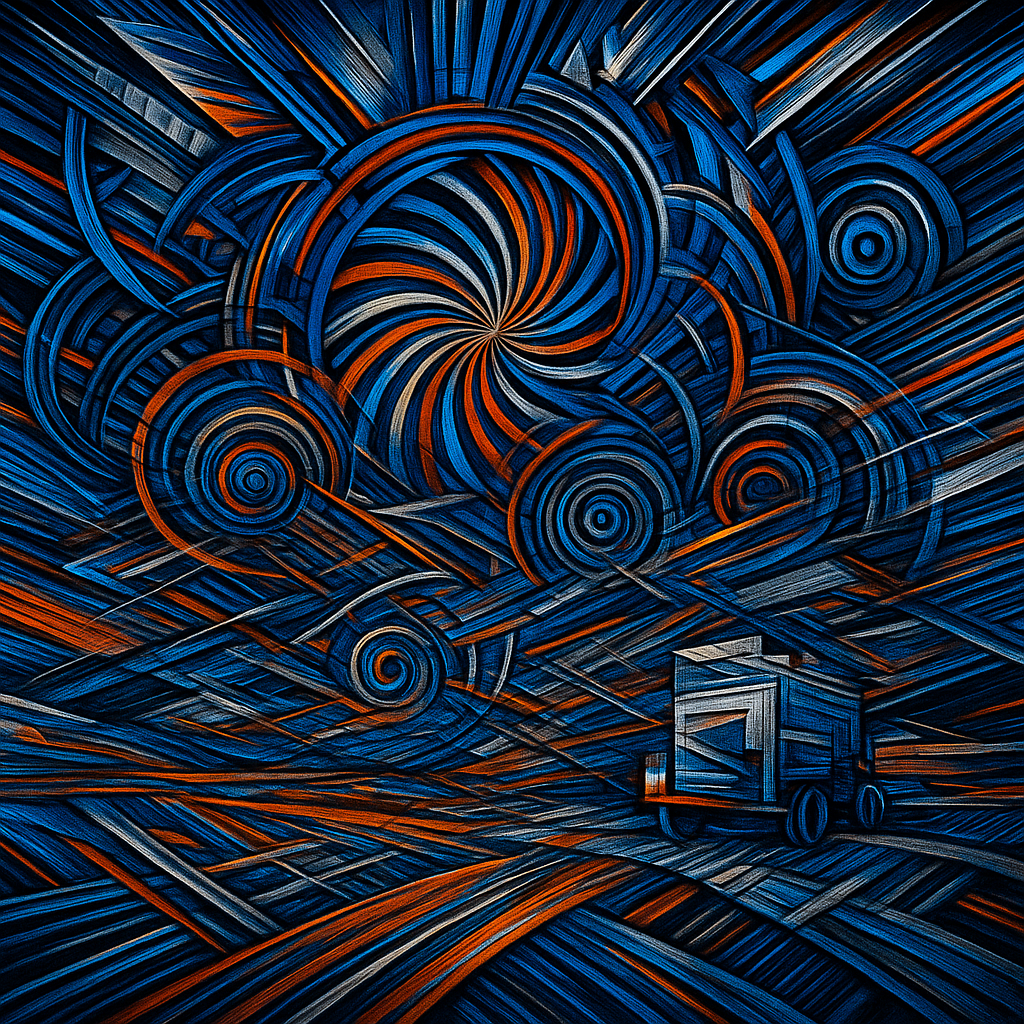 a painting of a truck driving down a road