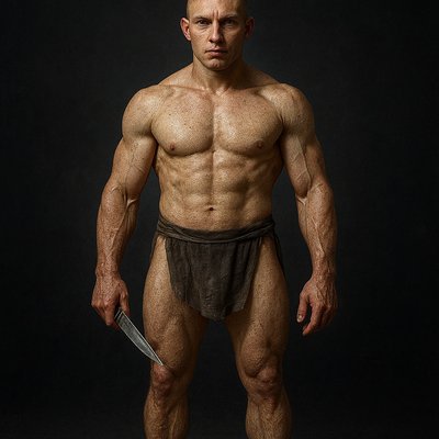 a man with no shirt holding a knife