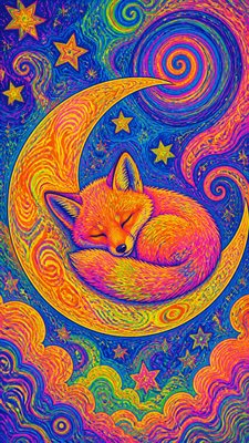 a sleeping baby fox curled on a crescent moon among soft stars, gentle and warm, no text
