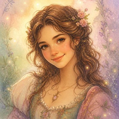 head-and-shoulders portrait of an original character: a young woman with wavy chestnut hair and a warm smile, plain soft backdrop