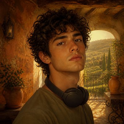 head-and-shoulders portrait of an original character: a young man with curly dark hair and headphones around his neck, plain backdrop, no text
