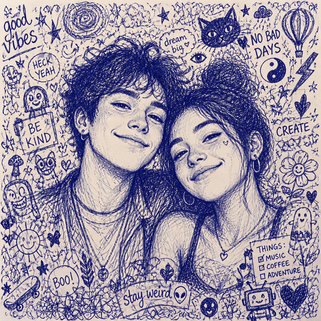 portrait of two people together — Doodle Art Style