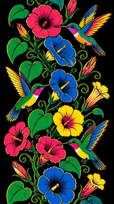 a climbing vine of flowers and hummingbirds on a dark background, tall wrapping composition, no text