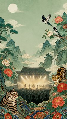 a live music scene with a glowing stage and silhouetted crowd, energetic vertical composition with open space at the top, no text