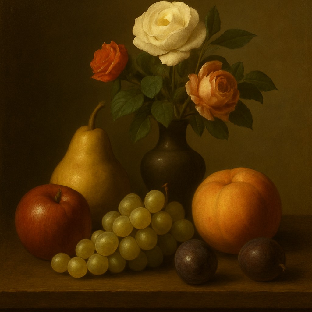 still life arrangement of fruits and flowers