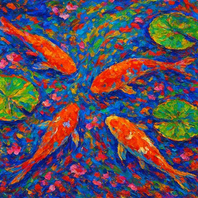A koi pond seen from above, orange and white koi fish swimming among lily pads, clear water with subtle ripples, fallen cherry blossom petals floating on the surface, dappled sunlight