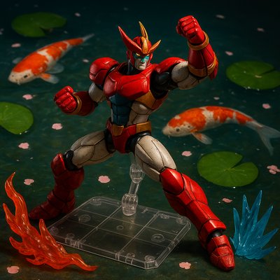 A koi pond seen from above, orange and white koi fish swimming among lily pads, clear water with subtle ripples, fallen cherry blossom petals floating on the surface, dappled sunlight