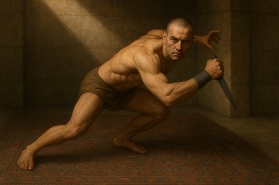 a painting of a man holding a knife