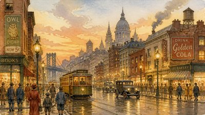 bustling city street panorama at dusk