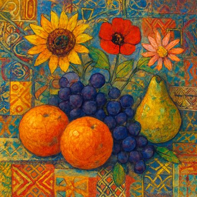 still life arrangement of fruits and flowers