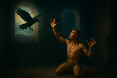 a painting of a man kneeling in front of a bird