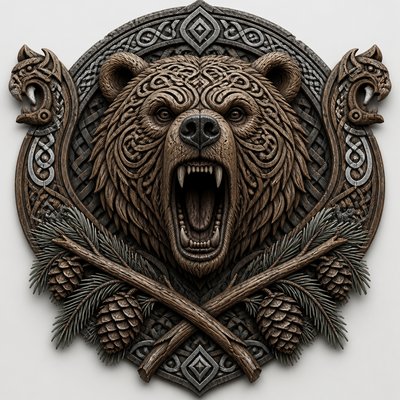 a roaring bear head above crossed pine branches, bold graphic composition on a plain background, no text