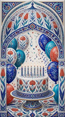 a birthday cake with lit candles surrounded by balloons and confetti, festive vertical composition, no text
