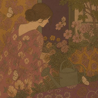 a garden scene with butterflies, flowers and a watering can, clean uncolored line art, no text