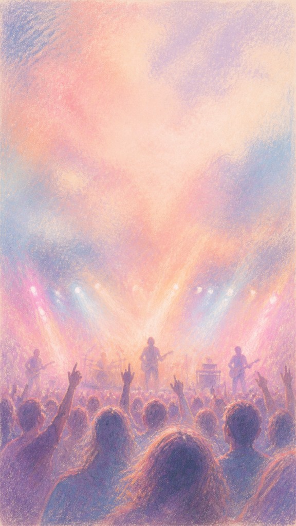 a live music scene with a glowing stage and silhouetted crowd, energetic vertical composition with open space at the top, no text