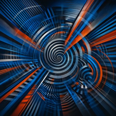 a blue and orange abstract background with a spiral design