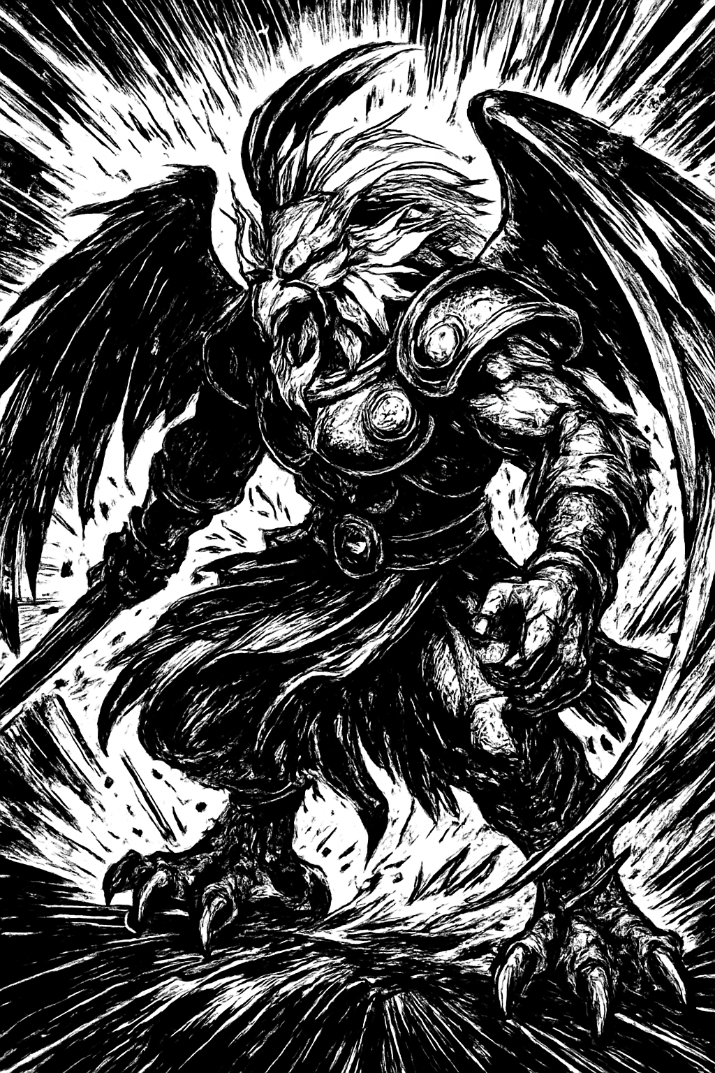 a black and white drawing of a demon