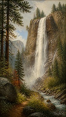 towering waterfall cascading down a cliff