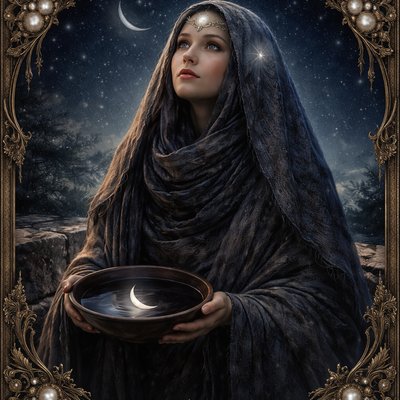 Style: Ethereal Historical Fantasy Portrait. The mood is quiet, reverent, and deeply mystical. Soft, natural moonlight is the primary light source, creating gentle rim-lighting.

The Subject (Asonya): A woman of the ancient, antediluvian world, dressed with profound modesty. She is wrapped in multi-layered, heavy robes of woven wool dyed in deep indigo and charcoal grey that conceal her form. A textured veil covers her hair and frames her face. Her expression is contemplative and gentle, with eyes gazing upward.

The Moon Phase Connection: The current moon phase—a slender, glowing Waning Crescent—is intrinsically tied to her appearance.

    The Headpiece: A clasp made of pale, almost translucent moonstone in the exact shape of the crescent moon secures her veil. It seems to hold an internal, soft luminescence.

    The Projection: A faint, ethereal projection of the crescent moon phase is visible subtly glowing on the fabric of her veil over her forehead, as if starlight is clinging to her.

Action & Setting: She stands on an ancient, wind-worn stone platform used for observing the heavens. In her hands, she holds a simple, dark earthenware bowl filled with still water. The reflection of the actual crescent moon in the sky is perfectly captured in the water she holds.

Atmosphere: The background is a vast, clear night sky filled with countless stars. The air feels old and still.