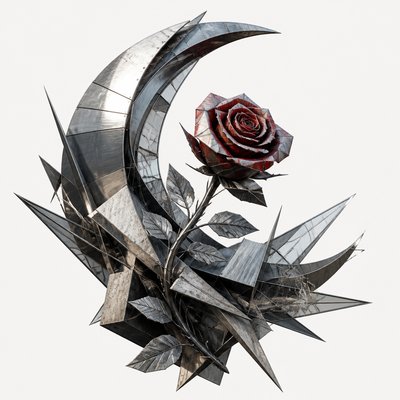 a rose entwined with a crescent moon, clean balanced composition on a plain background, no text
