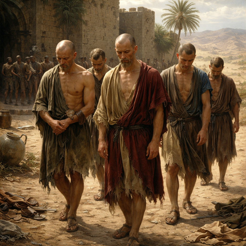 “Then there went certain, and told David how the men were served. And he sent to meet them: for the men were greatly ashamed. And the king said, Tarry at Jericho until your beards be grown, and then return.” (1 Chronicles 19:5, KJV)
Show the disgraced men as clean shaved.