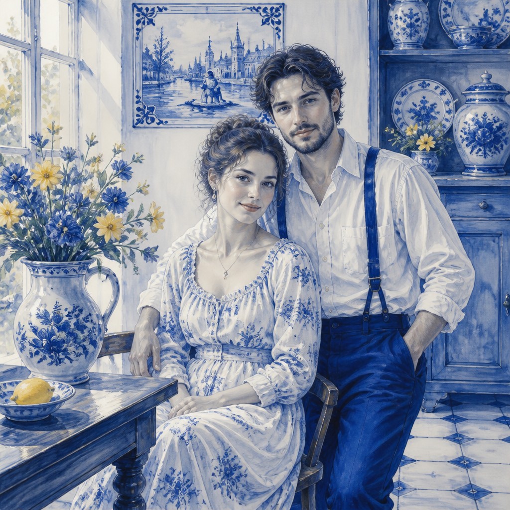 portrait of two people together — Delft Blue Art Style
