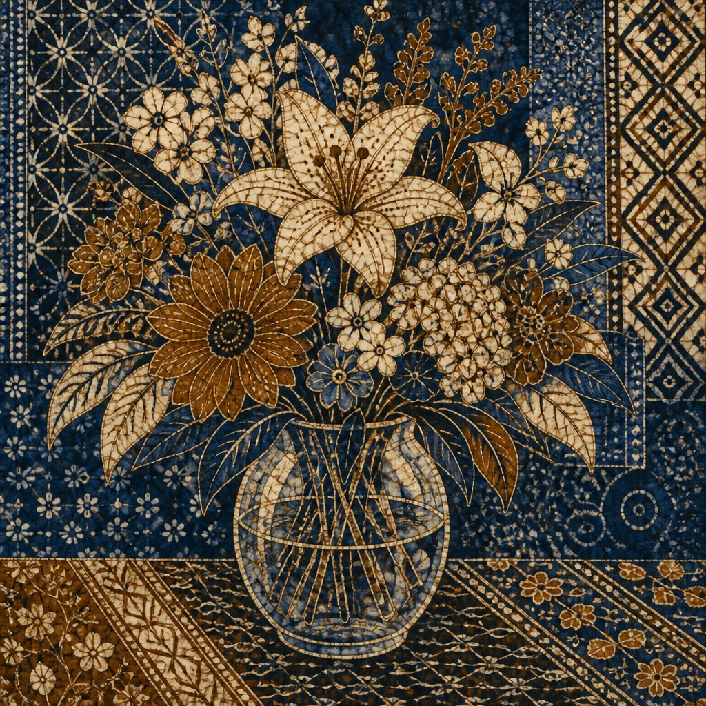 bouquet of flowers in a glass vase — Batik Art Style