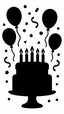 a birthday cake with lit candles surrounded by balloons and confetti, festive vertical composition, no text