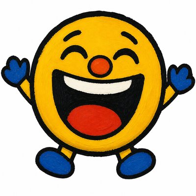 an exaggerated laughing face of an original round mascot character, bold and readable at small size, plain background, no text