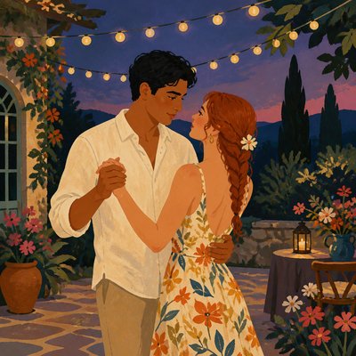 an original couple dancing under string lights in a garden at dusk: a man with short black hair in a linen shirt and a woman with braided red hair in a summer dress