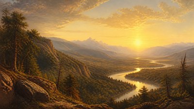 a vast valley with a river winding toward distant mountains at sunrise, no people, no text