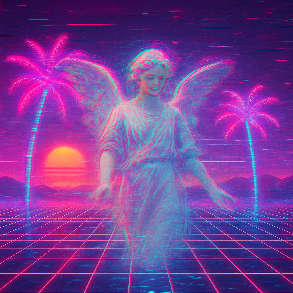 Surreal vaporwave landscape at sunset, marble angel emerging from checkered grid floor, neon palm trees glowing pink and teal, VHS glitch effects, retro 90s aesthetic, dreamy nostalgic atmosphere, high detail