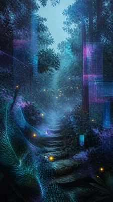a mysterious forest path with fireflies and drifting mist, atmospheric vertical composition with open space at the top, no text