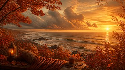 a panoramic ocean horizon with towering clouds at golden hour, no people