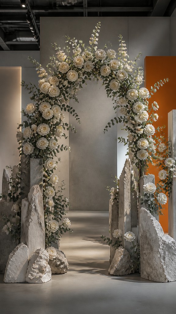 an arch of white roses and eucalyptus in soft morning light, elegant vertical composition with open space, no text