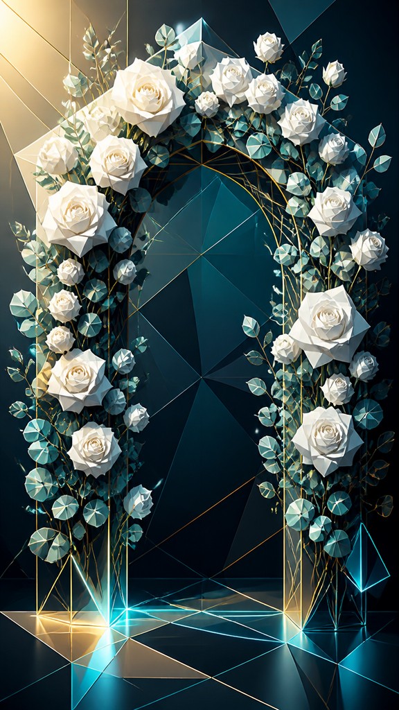 an arch of white roses and eucalyptus in soft morning light, elegant vertical composition with open space, no text