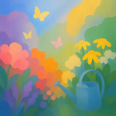 a garden scene with butterflies, flowers and a watering can, clean uncolored line art, no text