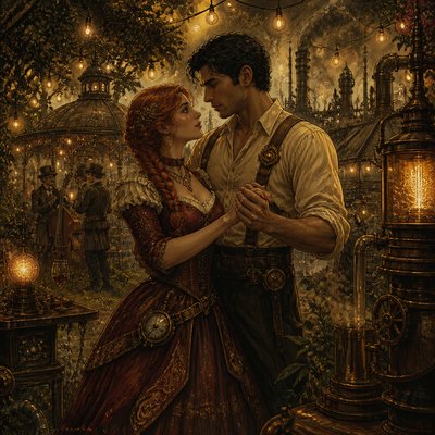 an original couple dancing under string lights in a garden at dusk: a man with short black hair in a linen shirt and a woman with braided red hair in a summer dress