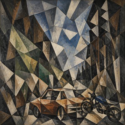 a painting of a car and a motorcycle on a road