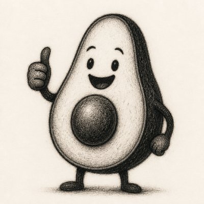 a happy avocado character giving a thumbs up, bold readable design on a plain background, no text