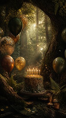 a birthday cake with lit candles surrounded by balloons and confetti, festive vertical composition, no text