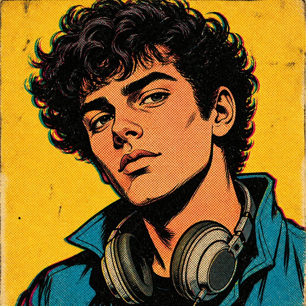 head-and-shoulders portrait of an original character: a young man with curly dark hair and headphones around his neck, plain backdrop, no text