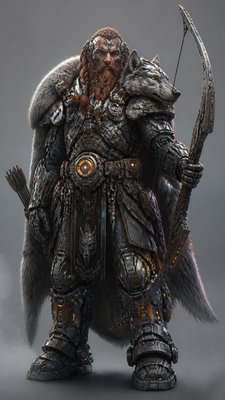 full-body original character: a dwarven ranger with a braided auburn beard, worn leather armor, a longbow and a wolf-pelt cloak, neutral background, no text