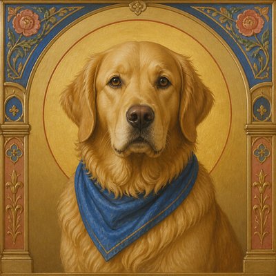 portrait of a golden retriever wearing a blue bandana, warm plain backdrop, no text