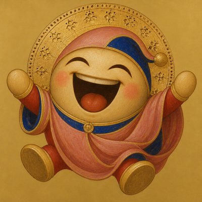 an exaggerated laughing face of an original round mascot character, bold and readable at small size, plain background, no text