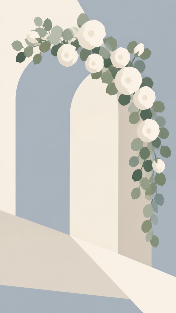 an arch of white roses and eucalyptus in soft morning light, elegant vertical composition with open space, no text
