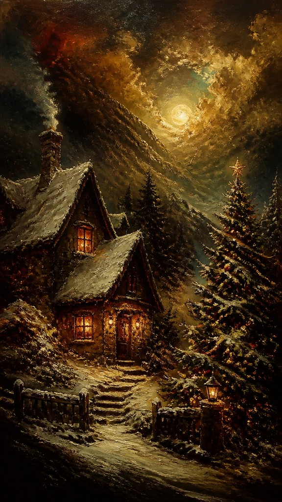 a snow-covered cottage with warm glowing windows beside a decorated pine tree, gentle snowfall, no text